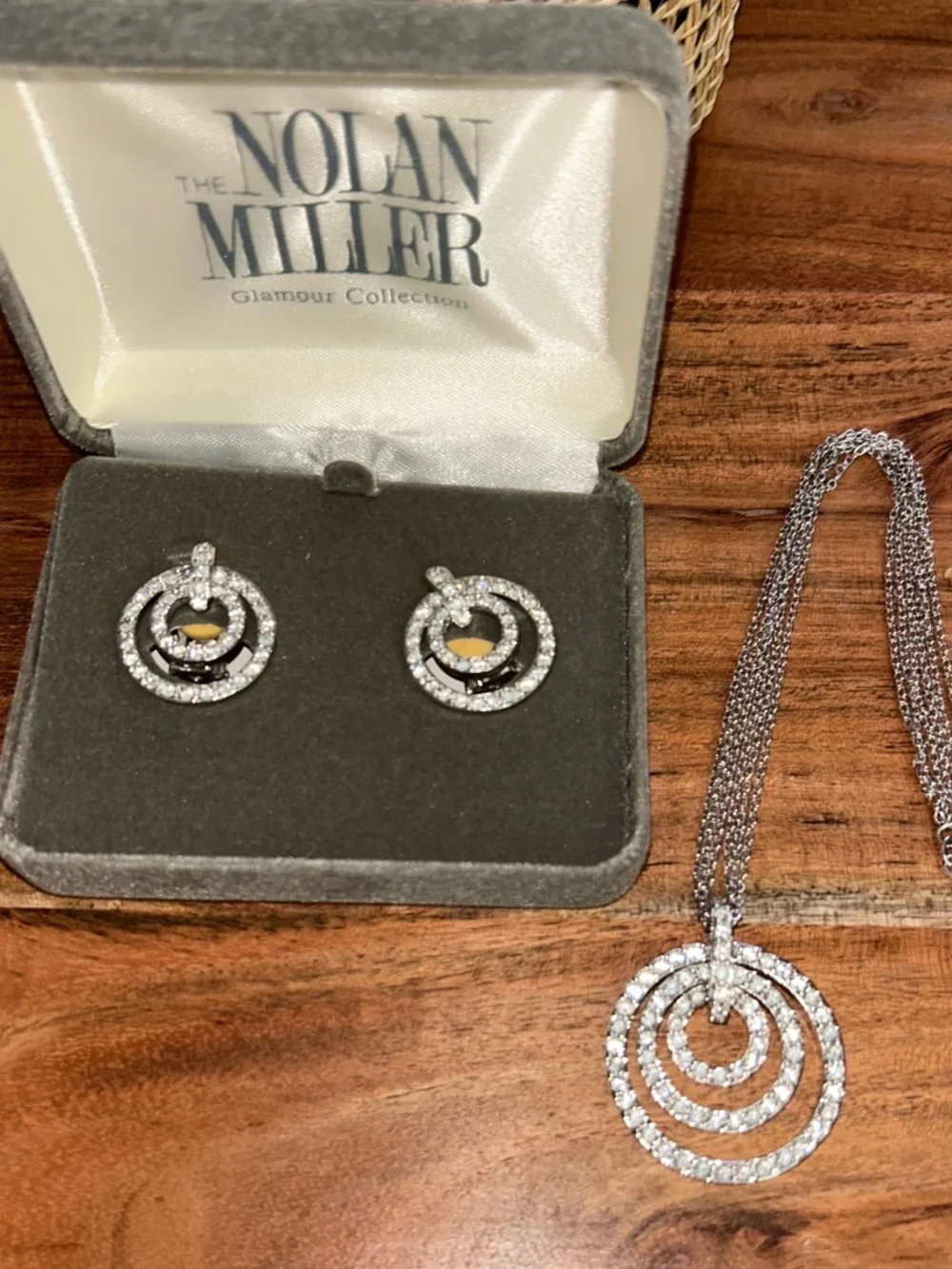 Vintage NOLAN MILLER Silver Tone Clear crystals Circles Necklace and Earrings